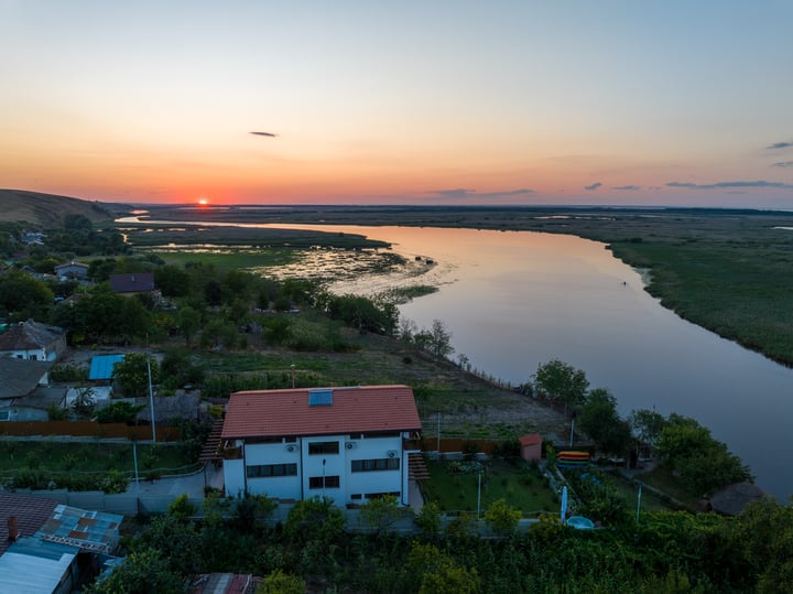 Sunset over the Delta, captured by drone above the guesthouse in Somova